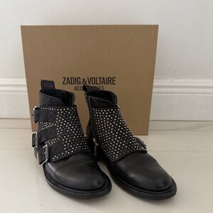 Zadig & Voltaire Black Leather Ankle Boots with Silver Studs